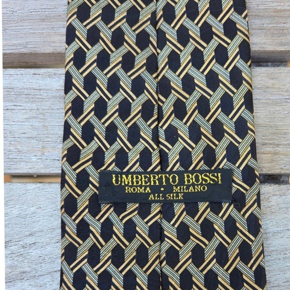 Umberto Bossi Roma Milano Silk Tie Men Black Gold Geometric Hand Made